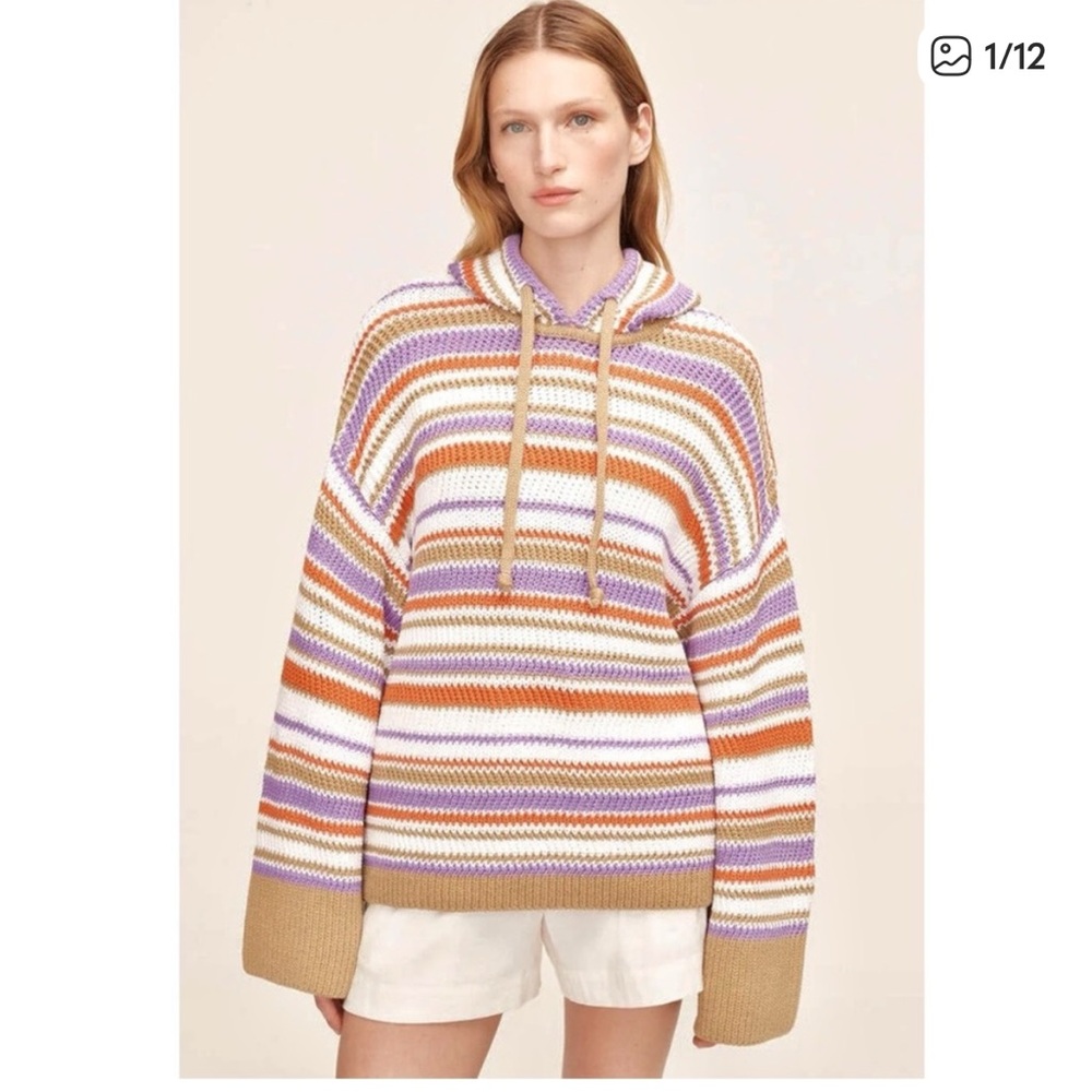 NWT Rebecca Taylor Striped Oversized Cotton Crochet Knit Hoodie size Large